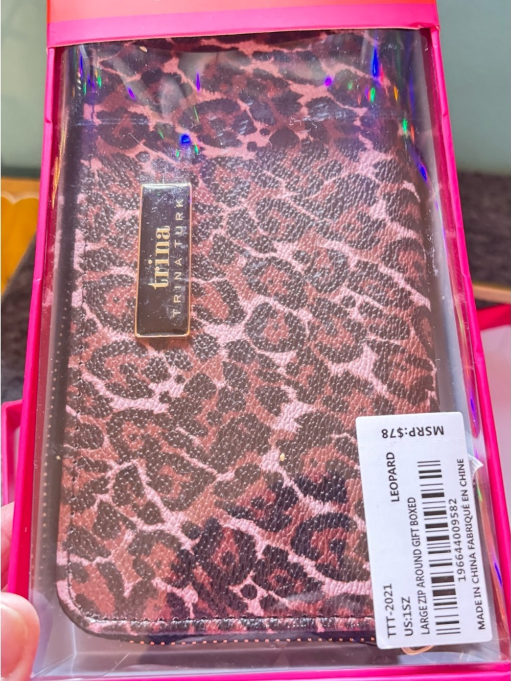 Trina Turk Leopard Large Zip Around Wallet Vegan Leather